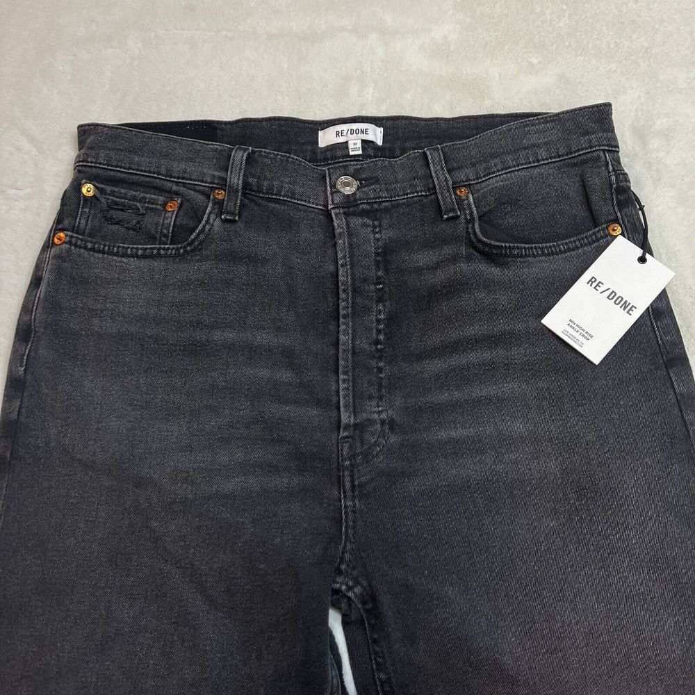 Re/Done 70s Stove Pipe High Rise Jeans Black Ankle Raw Hem NWT Sz 32 / 14 - Picture 6 of 16